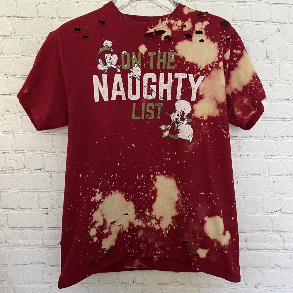 Chip & Dale On The Naughty List Christmas Unisex Bleached Distressed T-Shirt - L